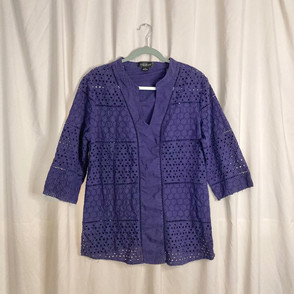 Navy 100% Cotton Eyelet Embroidered V-Neck 3/4 Sleeve Blouse August Silk XL Boho